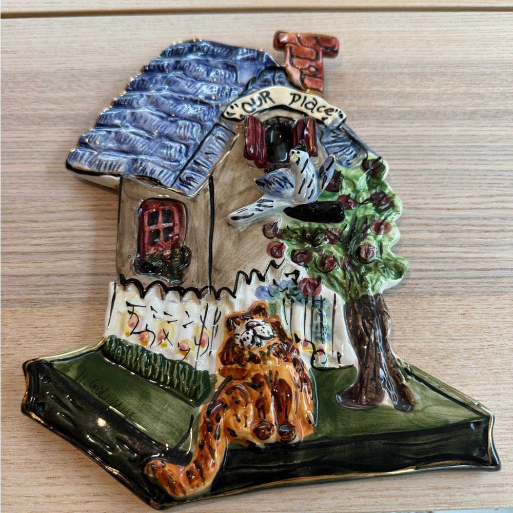 Vintage Sky Clayworks Ceramic Cat Bird Cottage Wall Hanging Decor Hand Painted